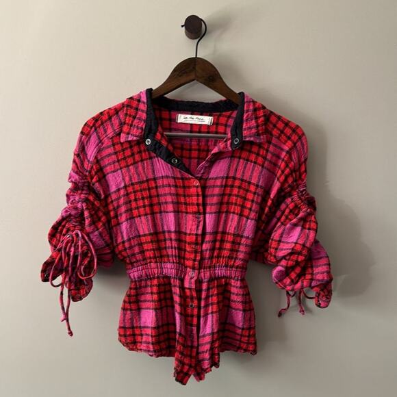 We the Free People Pacific Dawn Plaid Peplum Blouse Size Medium Pink & Red - Picture 8 of 12